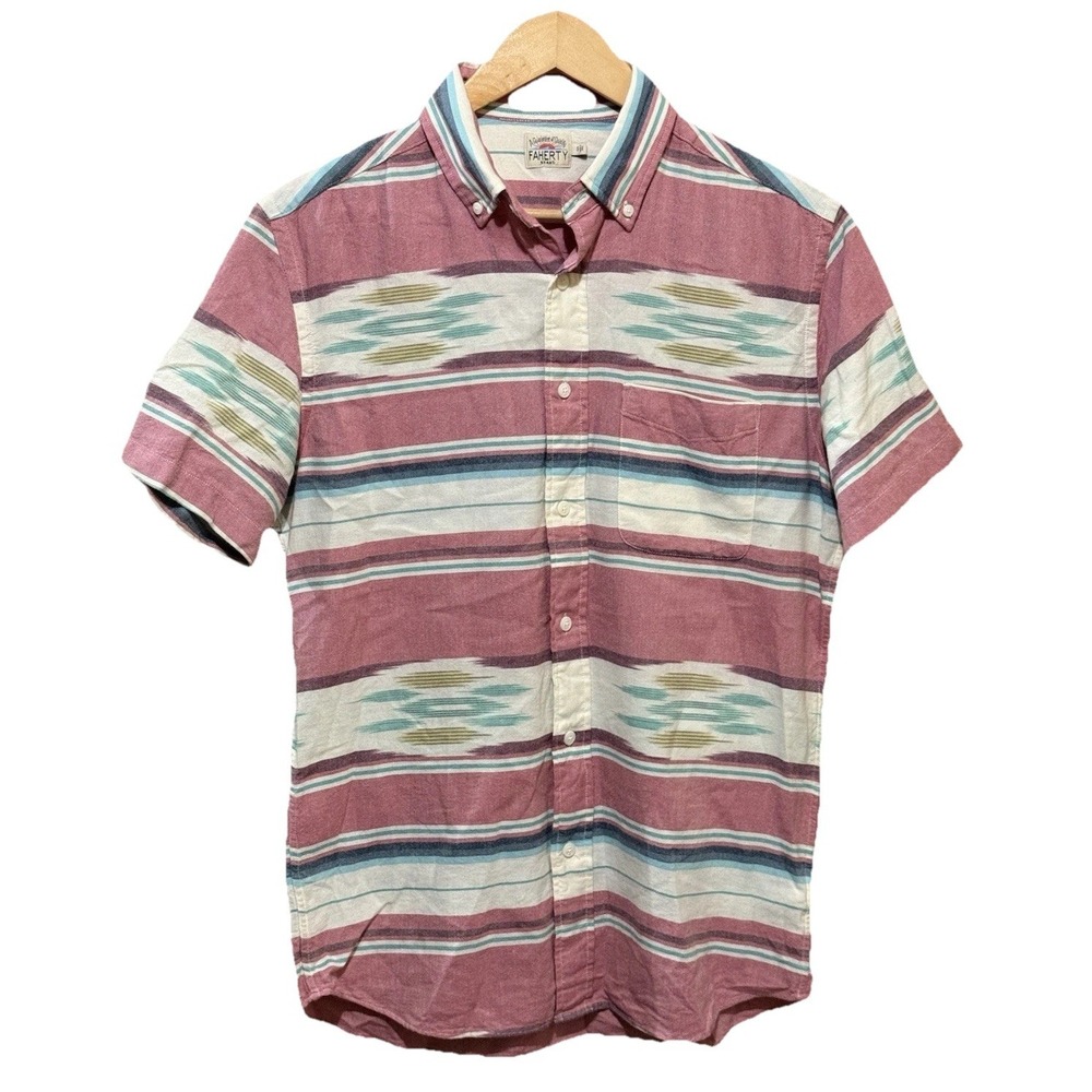Faherty Shirt Men's Red Summer Ikat Southwestern Aztec Organic Cotton Small EUC